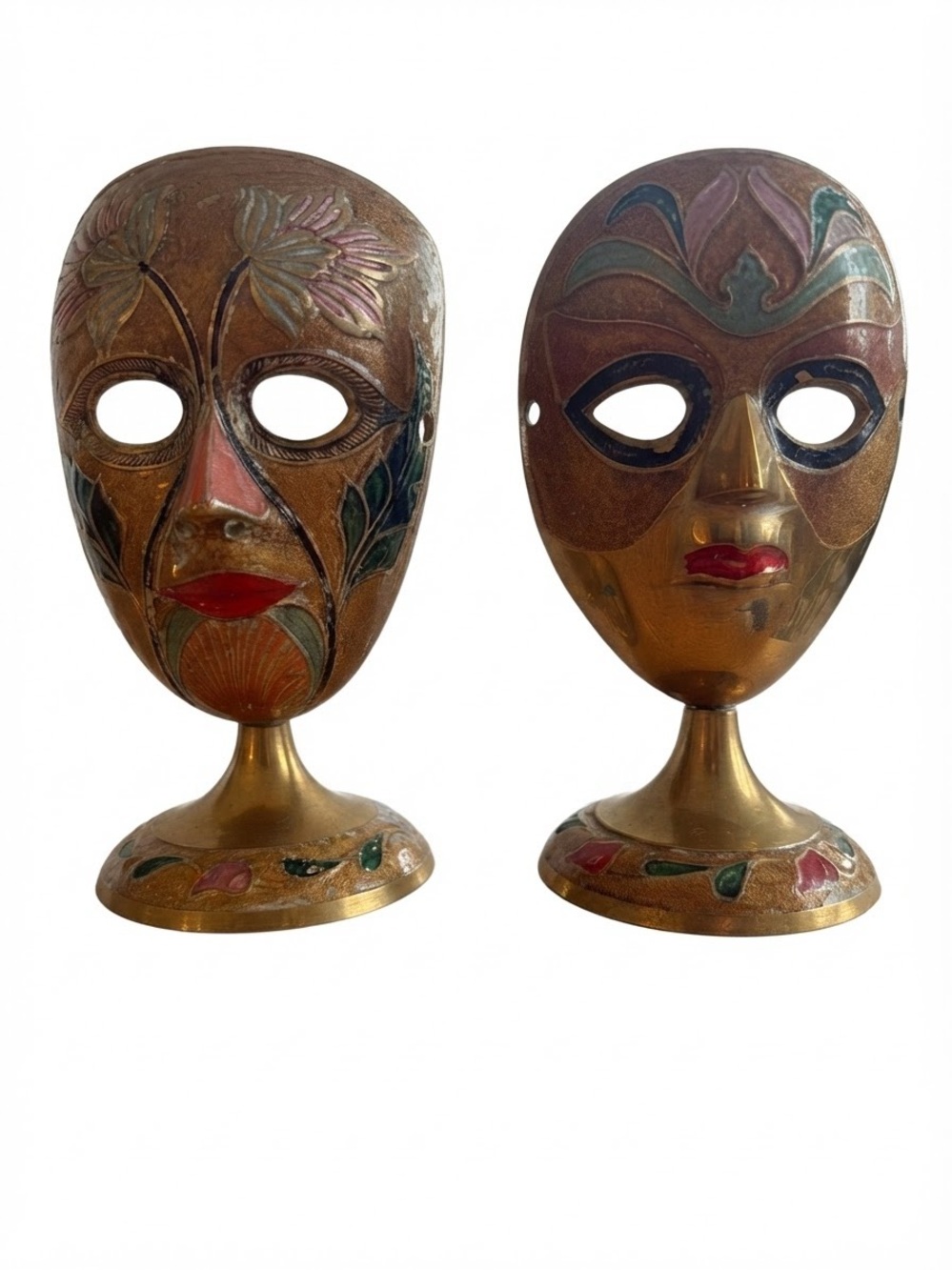 Vintage Brass Enameled Venetian Carnival Mask Pedestal Sculptures Pair